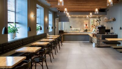 Interior of restaurant. Wooden design.